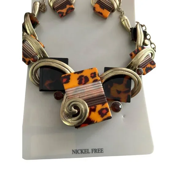 Fashion Jewel Set Earrings Necklace Tortoise Shell Pattern Gold-Tone Nickel Free - Picture 3 of 5